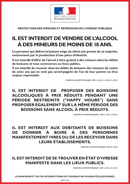 Affiche officielle de protection des mineurs et de répression de l'ivresse publique