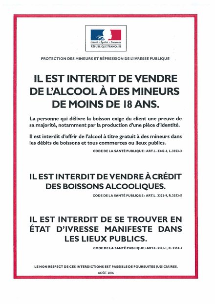 Affiche officielle d'interdiction de vente d'alcool aux mineurs